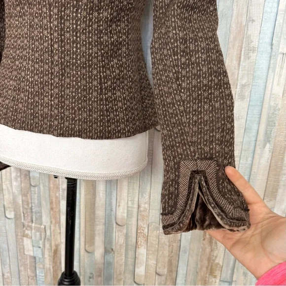 Tahari XS Brown Tweed Wool Velvet Collar Snap Blazer Jacket Vintage Victorian - Picture 7 of 8
